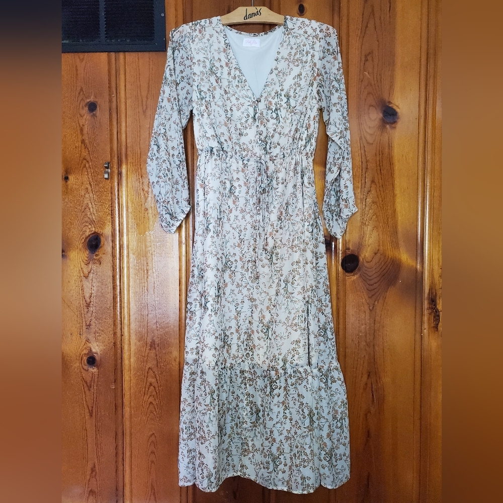 Cottagecore Cream and Soft Floral Maxi Dress - Pink Lily- Small - Tie Waistband